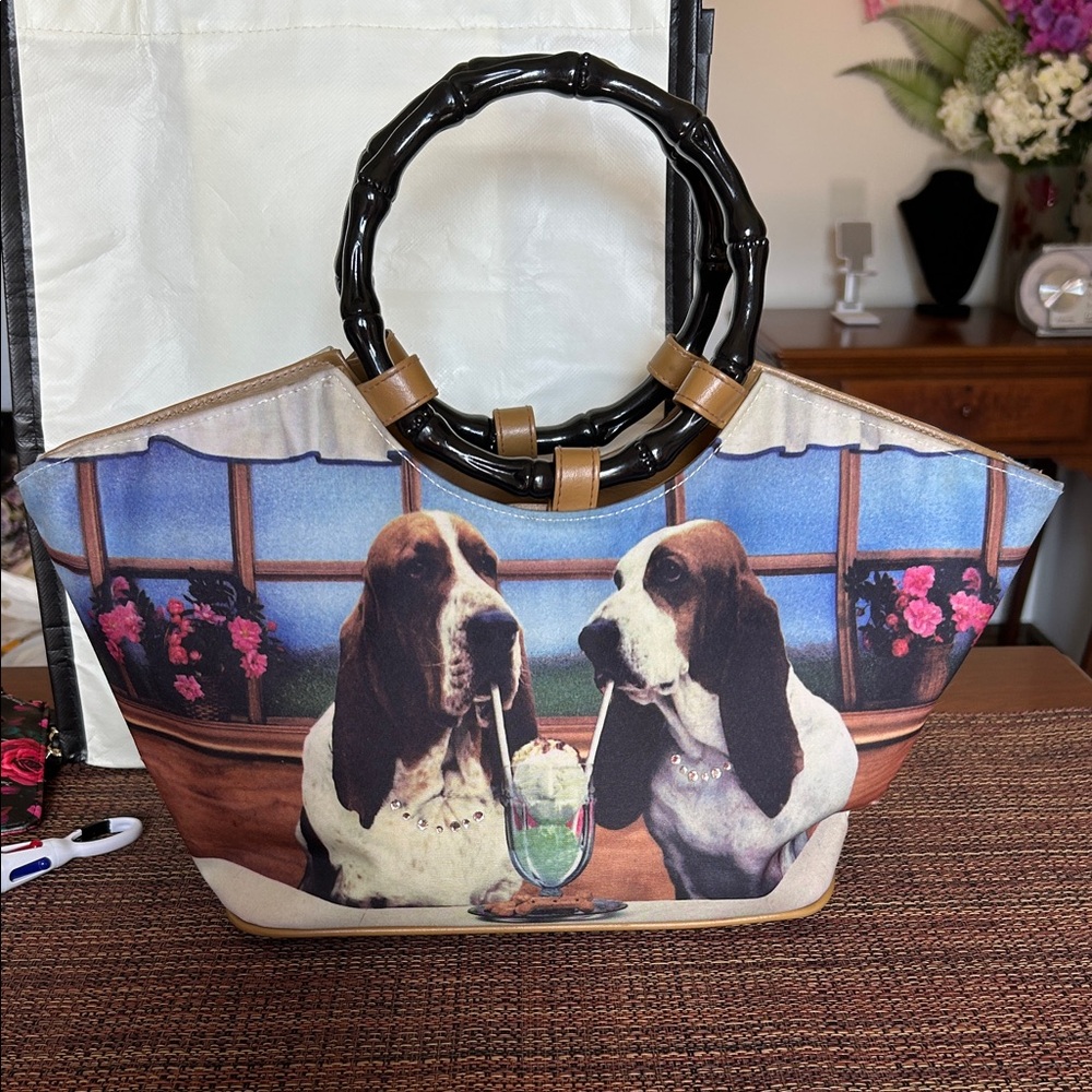 Dog Print Satchel with Bamboo Handles